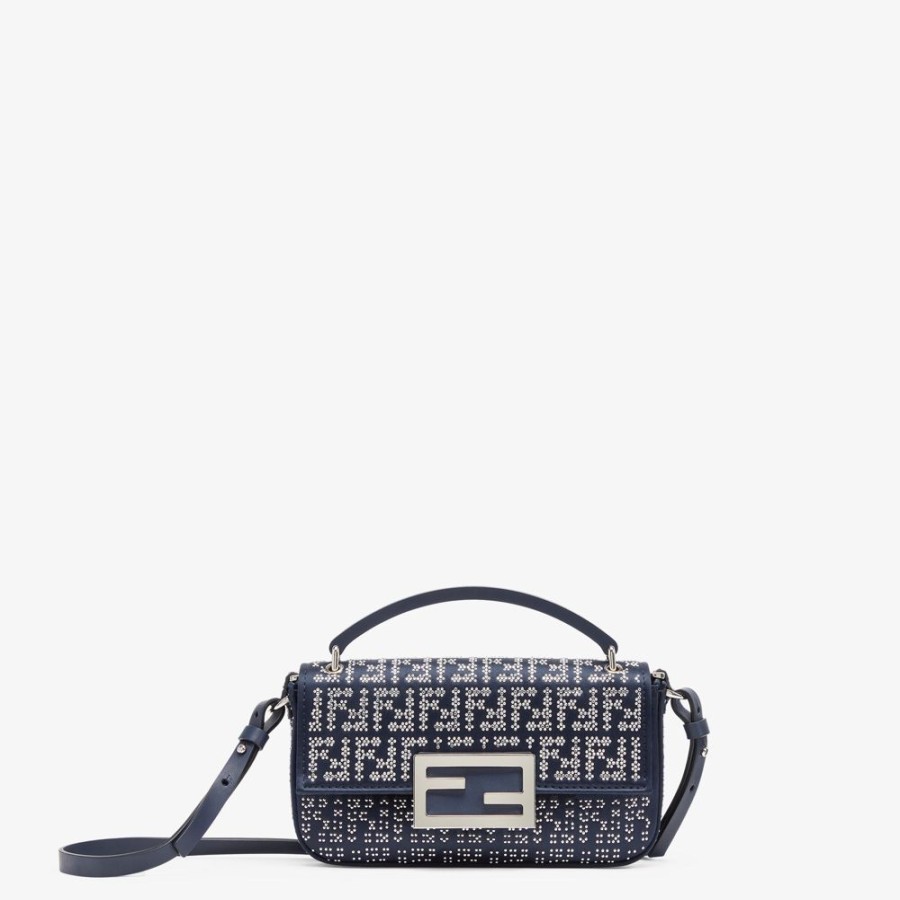 Damen Fendi Mini-Taschen | Handy-Pochette Aus Satin In Nachtblau Mit Kristallsteinen