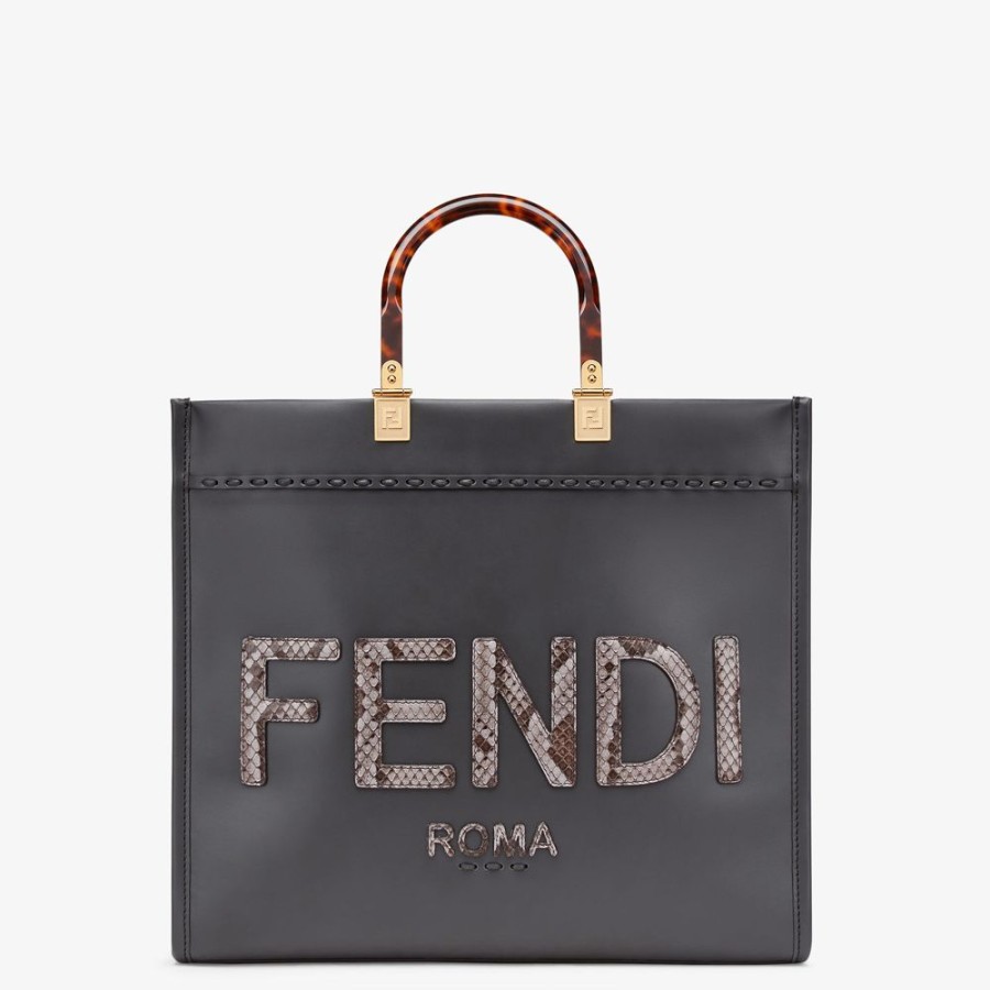 Damen Fendi Shopper-Taschen | Shopper Tasche Aus Leder In Dunkelgrau Und Elaphe