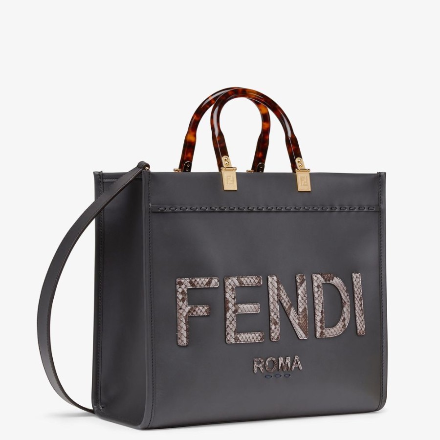 Damen Fendi Shopper-Taschen | Shopper Tasche Aus Leder In Dunkelgrau Und Elaphe