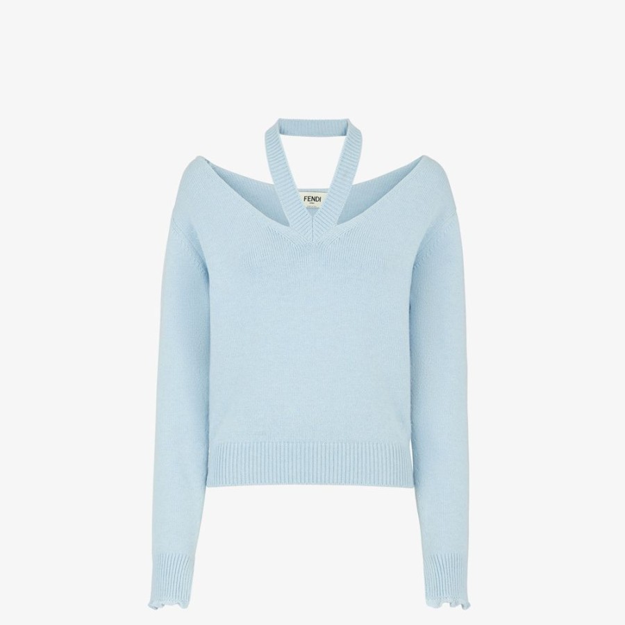 Damen Fendi Strickbekleidung | Pullover Aus Kaschmir In Hellblau