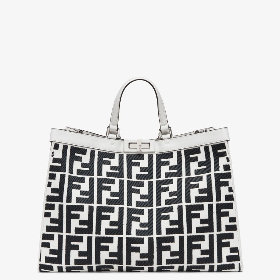 Damen Fendi Shopper-Taschen | Shopper Aus Canvas In Weis Mit Ff-Stickerei