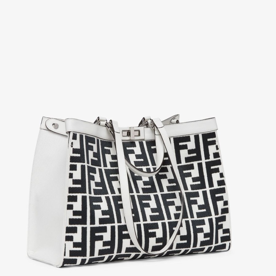 Damen Fendi Shopper-Taschen | Shopper Aus Canvas In Weis Mit Ff-Stickerei