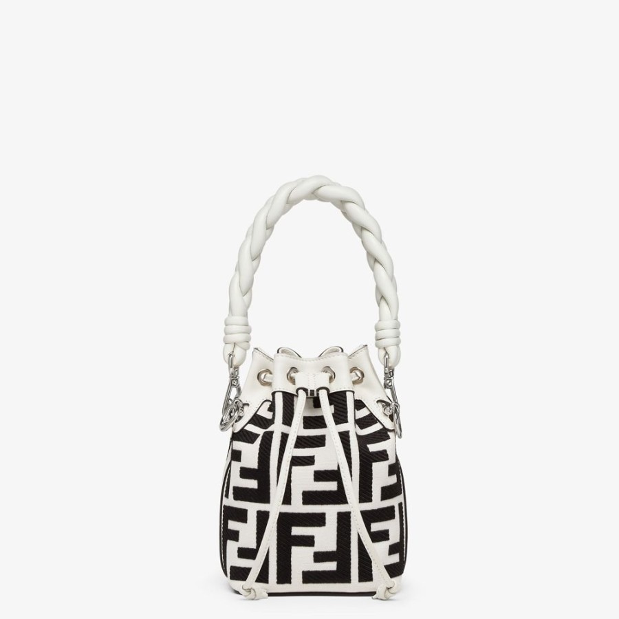 Damen Fendi Mini-Taschen | Mini Bag Aus Canvas In Weis Und Schwarz Mit Ff-Stickerei