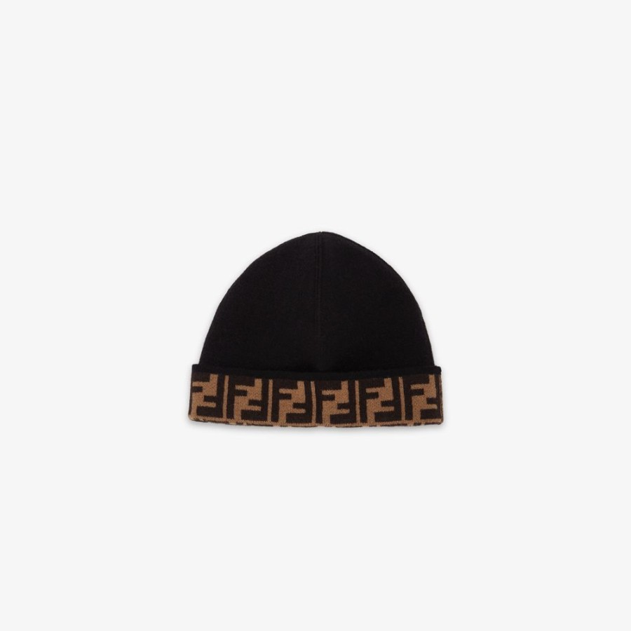 Kids Fendi Accessoires | Wendbare Junior-Cap Aus Strick In Schwarz Und Tabakbraun