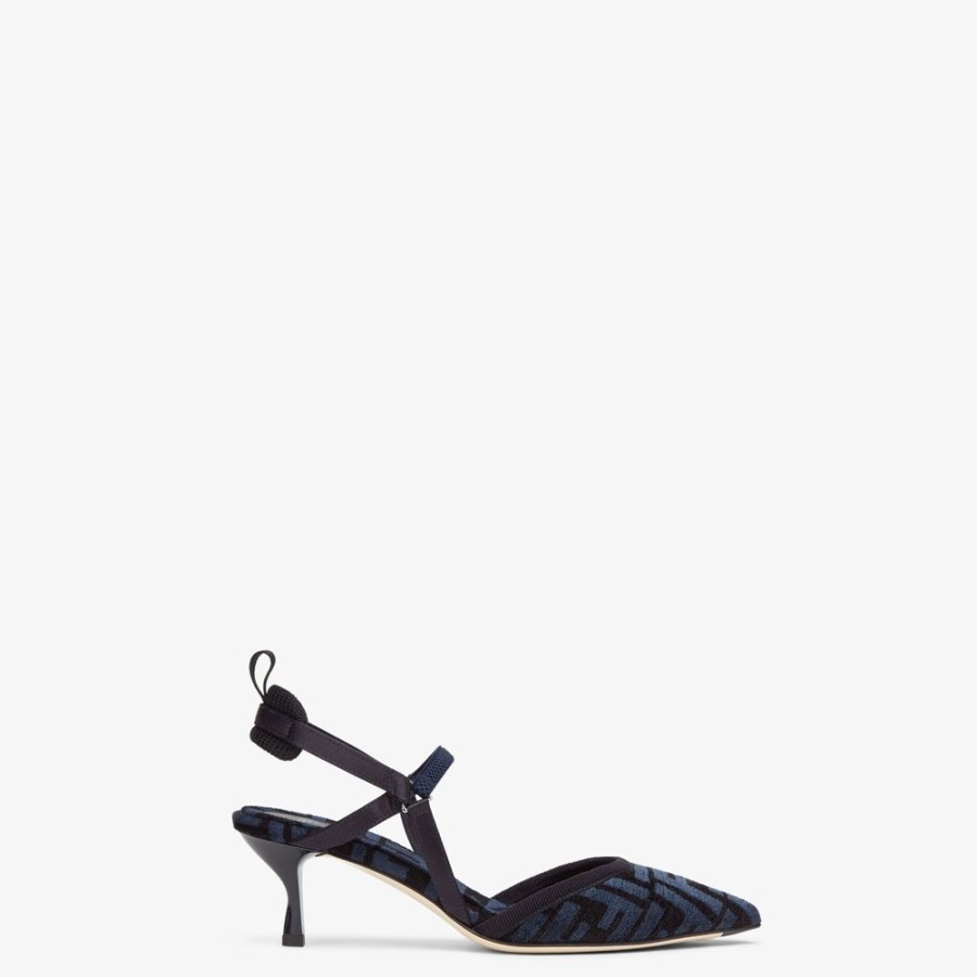 Damen Fendi Pumps Und Slingbacks | Slingback Mit Mittlerem Absatz Aus Chenille Mit Ff-Signatur In Blau