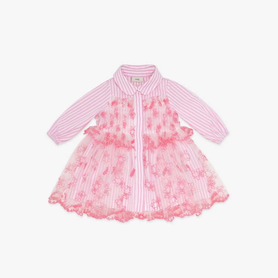 Kids Fendi Baby Madchen | Babykleid Aus Popeline Und Tull In Fluoreszierendem Rosa