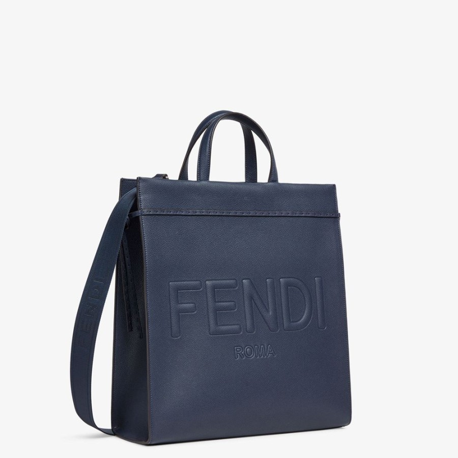 Herren Fendi Tote Taschen | Tasche Aus Leder In Dunkelblau