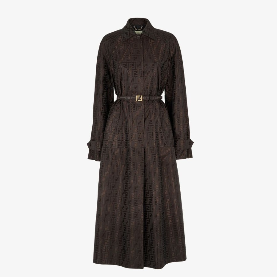 Damen Fendi Mantel Und Oberbekleidung | Trenchcoat Aus Jacquardgewebe Mit Ff-Muster In Braun