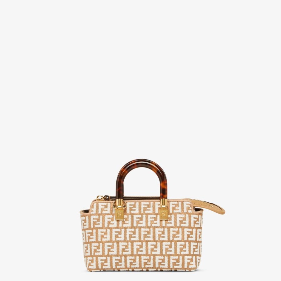 Damen Fendi Mini-Taschen | Boston Bag Aus Raffia-Bast Mit Ff-Muster Aus Gobelingewebe In Weis