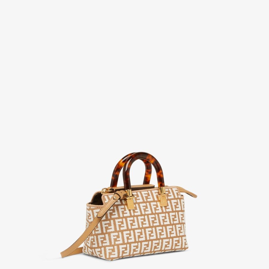 Damen Fendi Mini-Taschen | Boston Bag Aus Raffia-Bast Mit Ff-Muster Aus Gobelingewebe In Weis