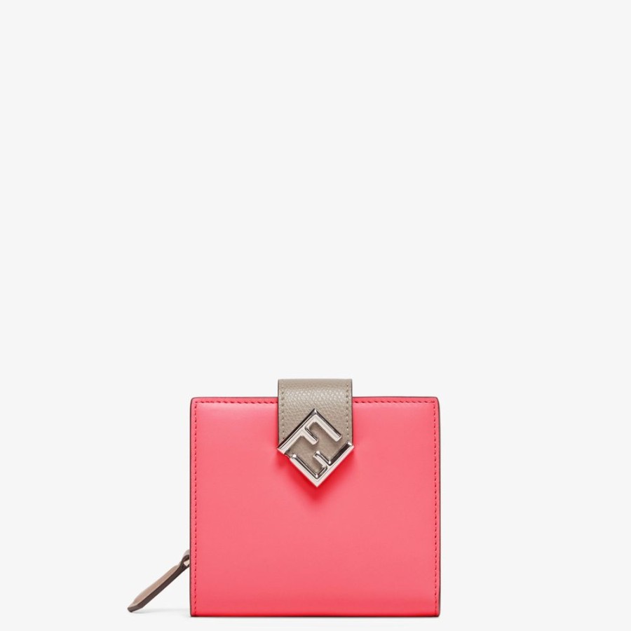 Damen Fendi Portemonnaies | Kompaktes Portemonnaie Aus Zweifarbigem Leder In Rosa Und Taubengrau