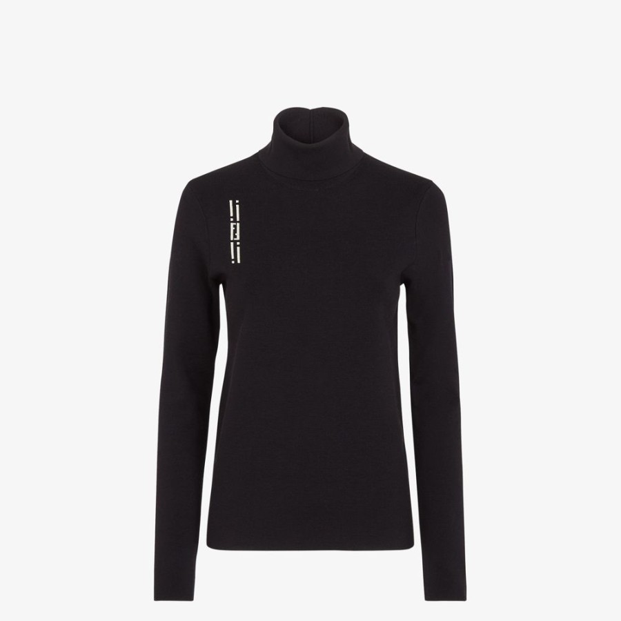 Damen Fendi Strickbekleidung | Pullover Aus Wollstretch In Schwarz