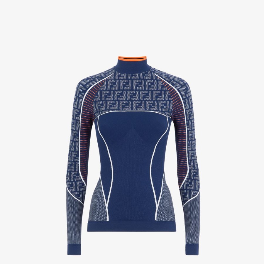 Damen Fendi Skiwear | Pullover Aus Technischem Gewebe Mit Ff-Motiv In Blau