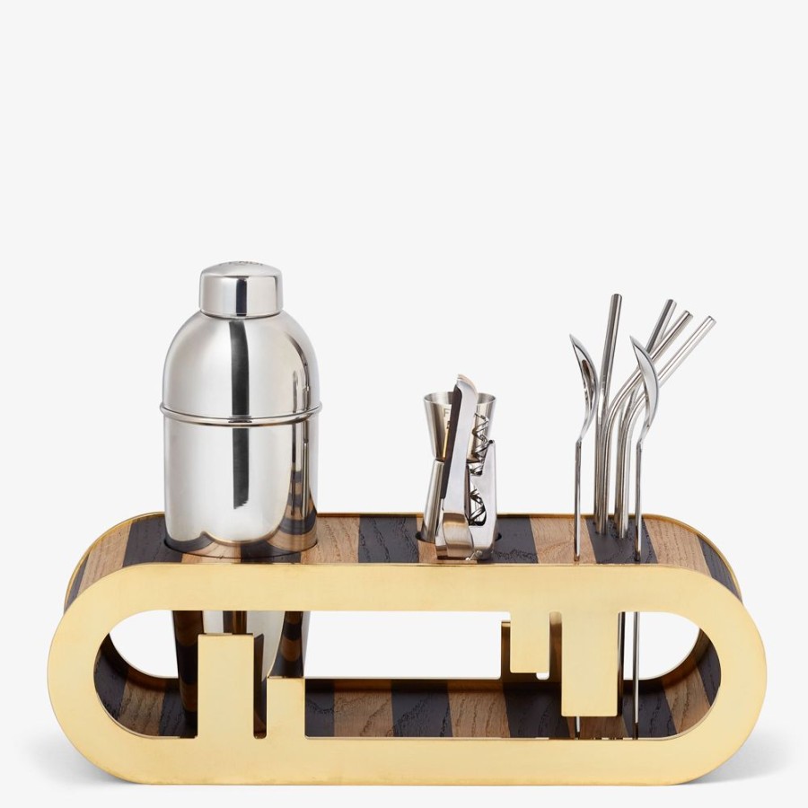 Home Decor & Lifestyle Fendi Tafelgeschirr | Barset Aus Holz Mit Pequinstreifen Und Goldfarbenem Metall