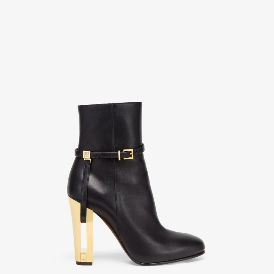 Damen Fendi Stiefel Und Stiefeletten | Schwarze Lederstiefelette Mit Hohem Absatz