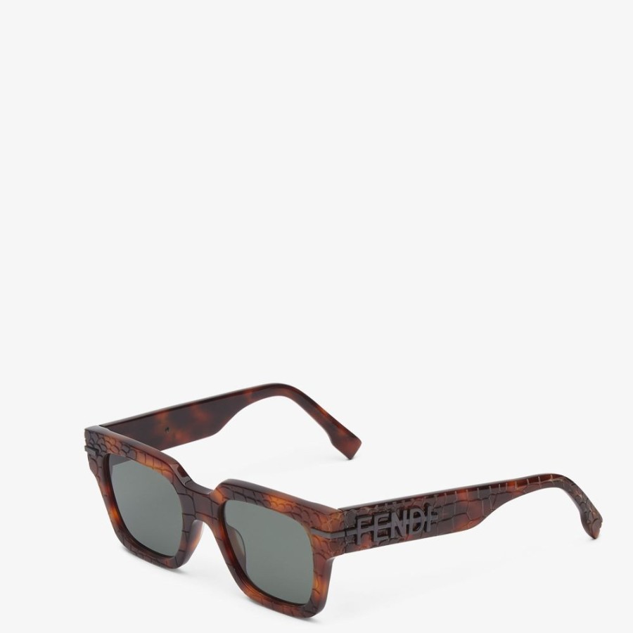 Herren Fendi Sonnenbrillen | Sonnenbrille Aus Acetat In Dunklem Havanna Mit Print In Kroko-Optik