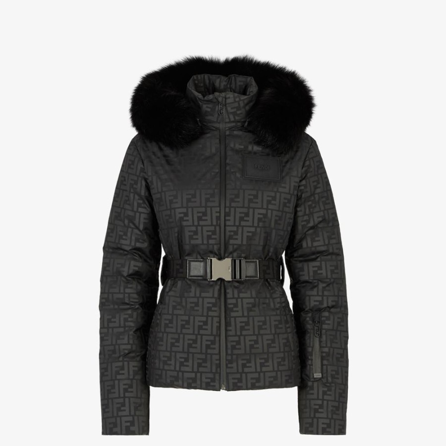 Damen Fendi Skiwear | Daunenjacke Aus Nylon Mit Ff-Details In Schwarz