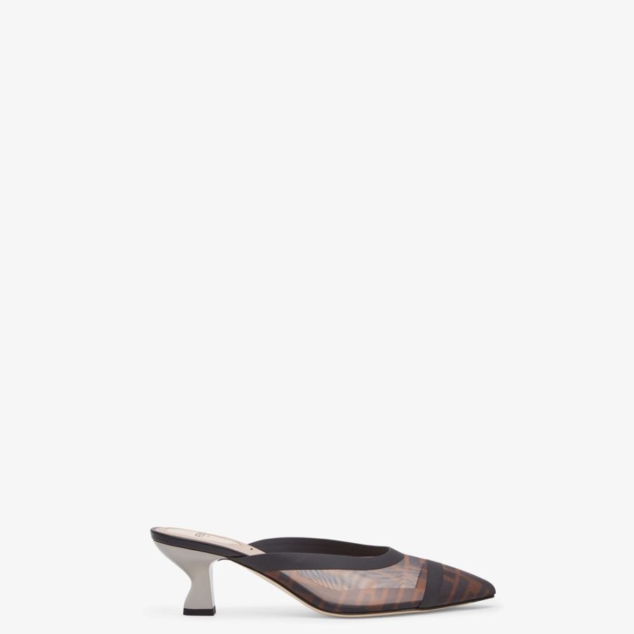 Damen Fendi Pumps Und Slingbacks | Sabot Mit Mittlerem Absatz Aus Netz In Braun Und Leder In Schwarz