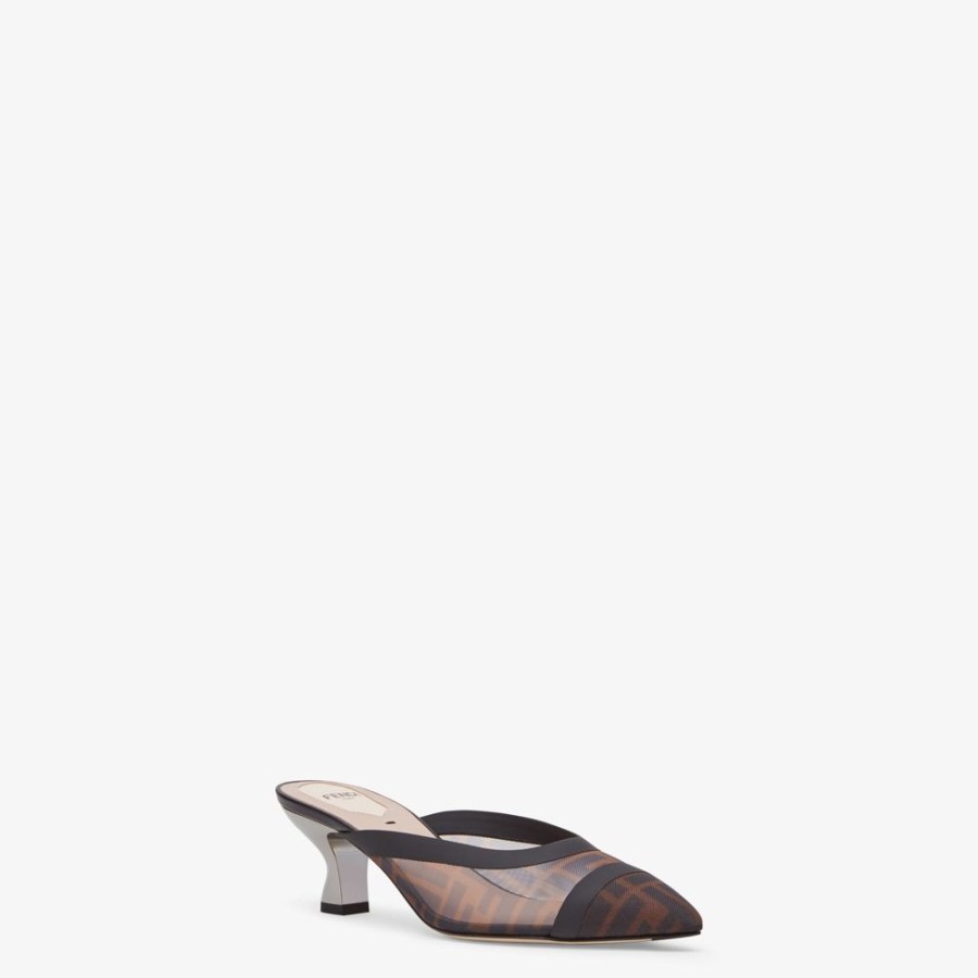 Damen Fendi Pumps Und Slingbacks | Sabot Mit Mittlerem Absatz Aus Netz In Braun Und Leder In Schwarz