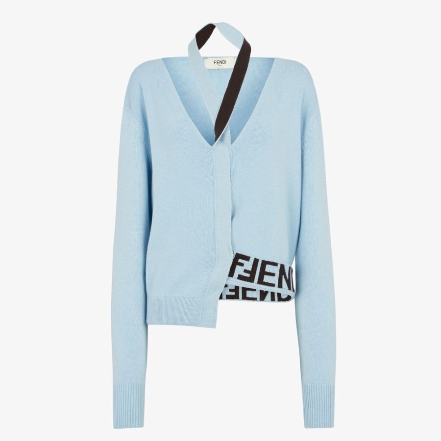 Damen Fendi Strickbekleidung | Cardigan Aus Kaschmir Und Wolle In Hellblau