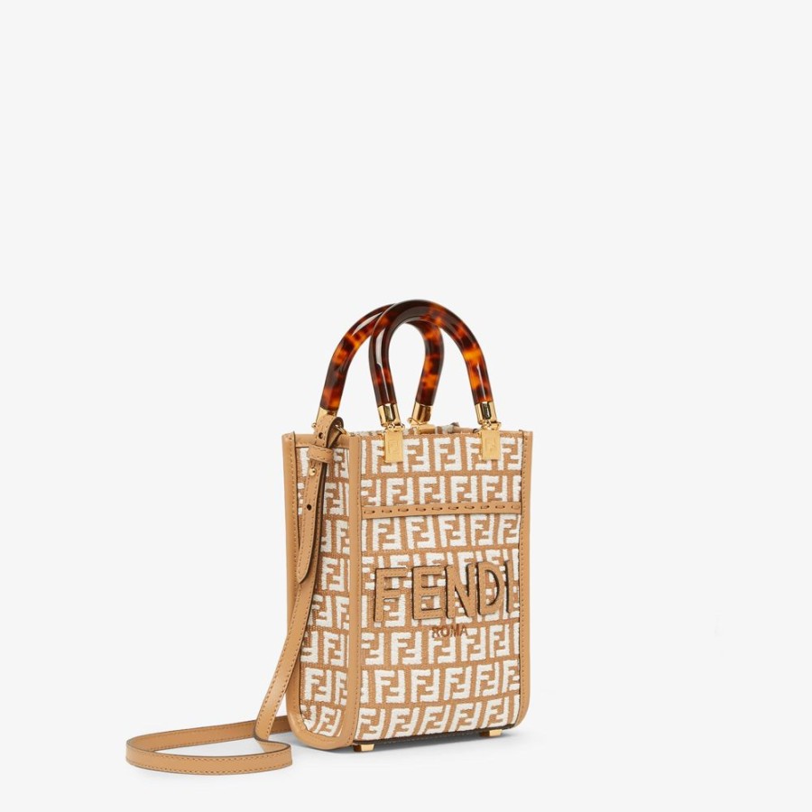 Damen Fendi Mini-Taschen | Minibag Aus Raffia-Bast Mit Ff-Muster Aus Gobelingewebe In Weis