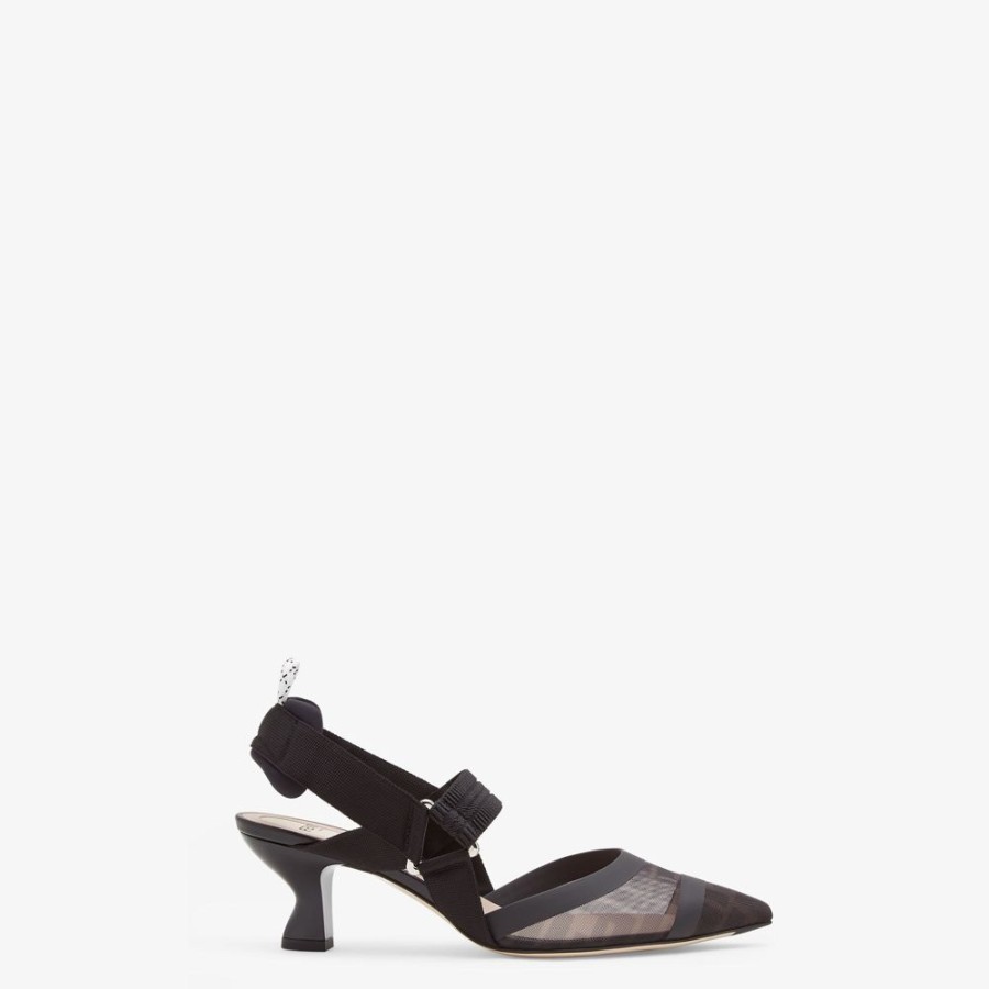 Damen Fendi Pumps Und Slingbacks | Slingback Mit Mittlerem Absatz Aus Netz Und Leder In Schwarz