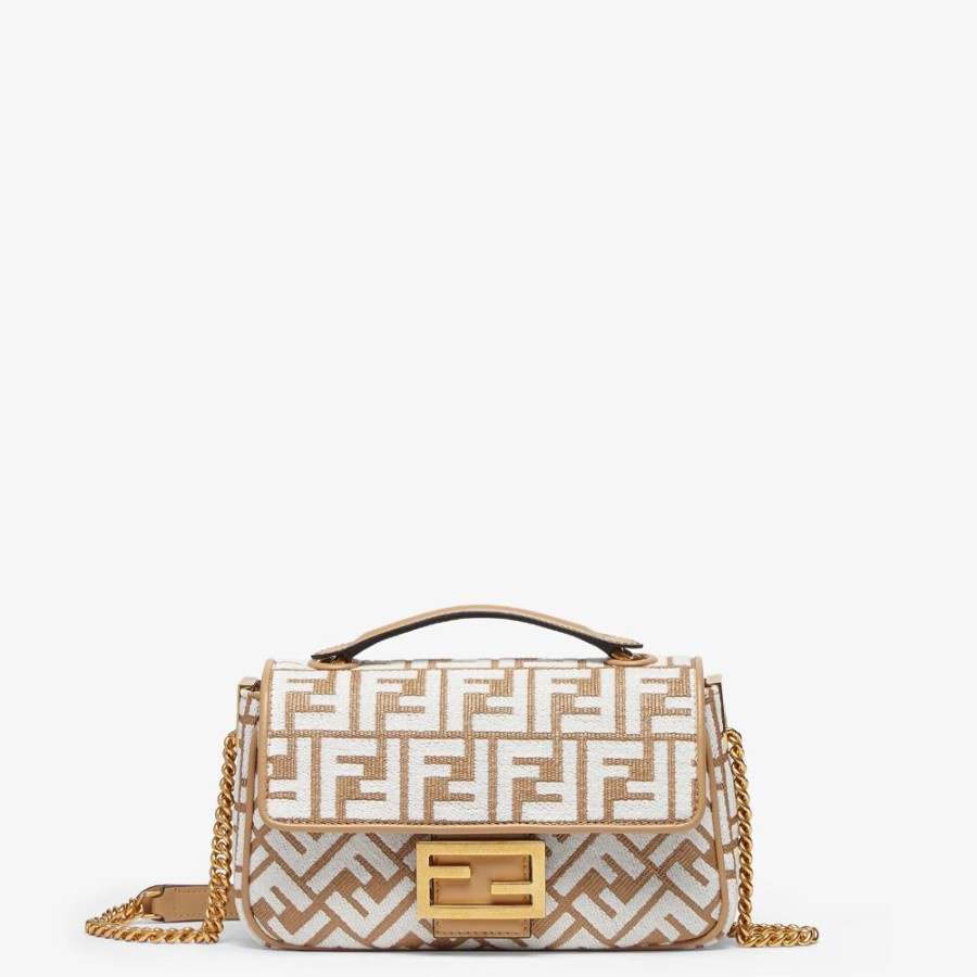 Damen Fendi Schulter- Und Crossbody-Taschen | Tasche Aus Raffia-Bast Mit Ff-Muster Aus Gobelingewebe In Weis