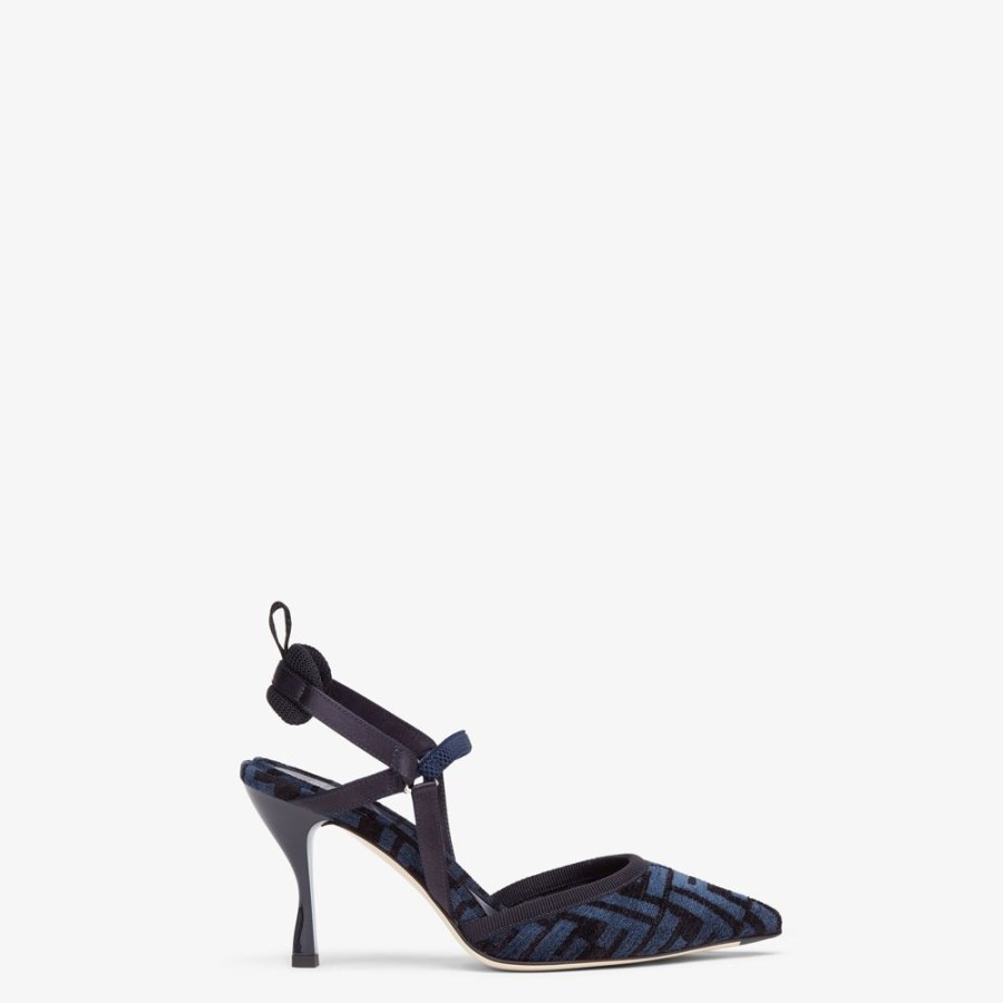 Damen Fendi Pumps Und Slingbacks | Slingback Mit Hohem Absatz Aus Chenille Mit Ff-Signatur In Blau