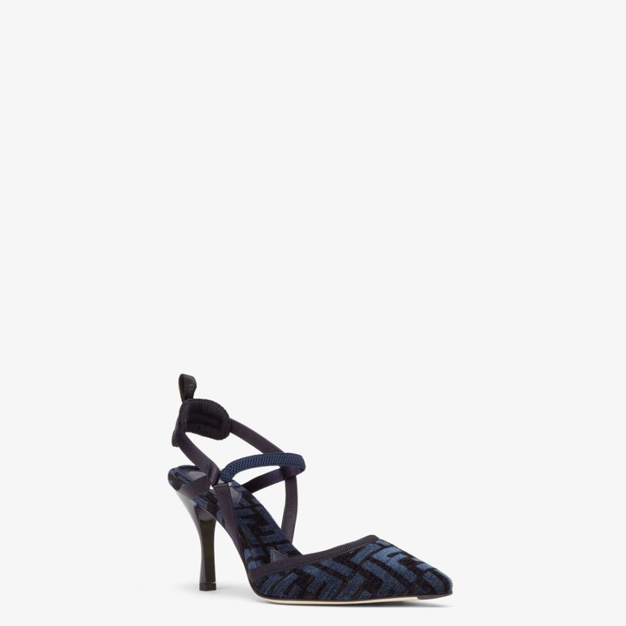 Damen Fendi Pumps Und Slingbacks | Slingback Mit Hohem Absatz Aus Chenille Mit Ff-Signatur In Blau