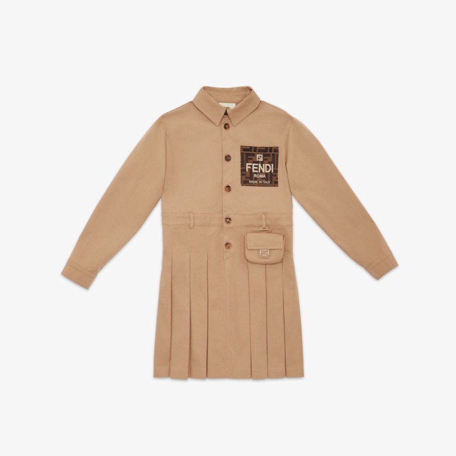 Kids Fendi Ready To Wear | Junior-Kleid Aus Gabardine In Beige