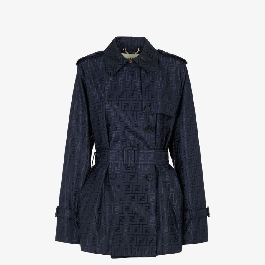 Damen Fendi Mantel Und Oberbekleidung | Trenchcoat Aus Stoff Mit Ff-Jacquard In Blau