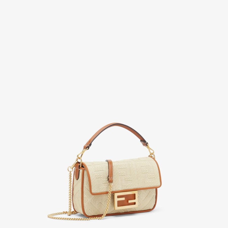 Damen Fendi Mini-Taschen | Tasche Aus Naturstroh Mit Ff-Stickerei