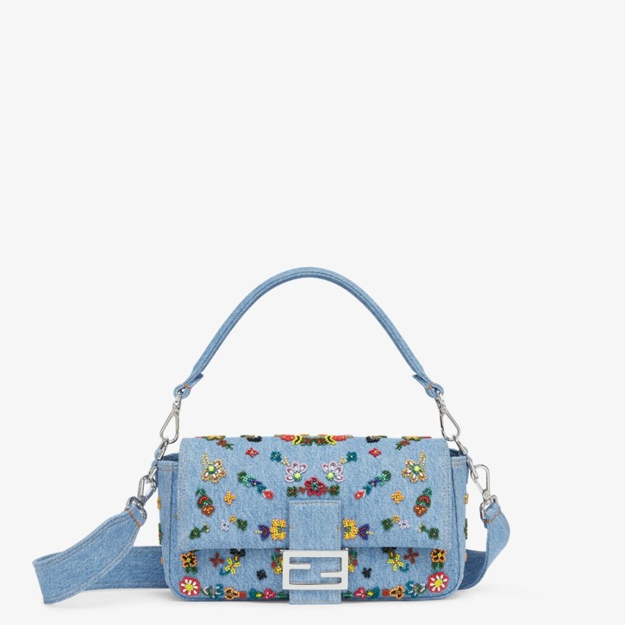 Damen Fendi Schulter- Und Crossbody-Taschen | Tasche In Neuauflage Aus Denim Mit Blumenstickerei