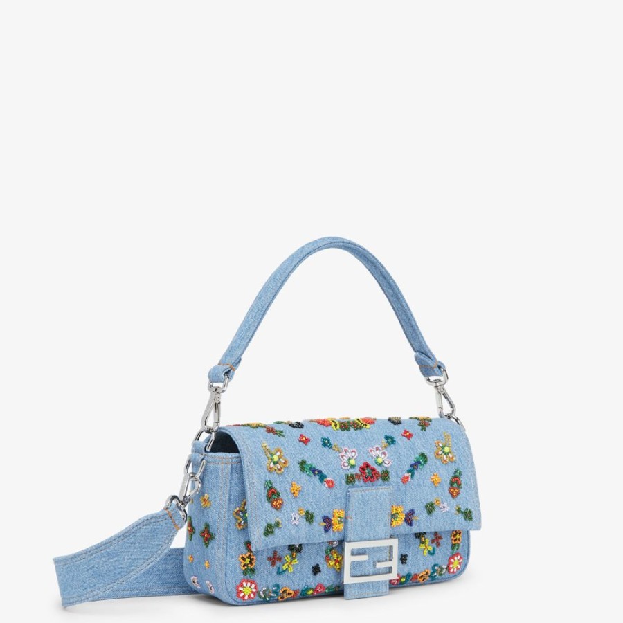 Damen Fendi Schulter- Und Crossbody-Taschen | Tasche In Neuauflage Aus Denim Mit Blumenstickerei