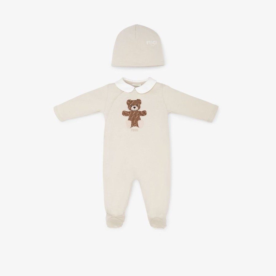 Kids Fendi Baby Junge | Set Aus Beigefarbenem Jersey Mit Teddybar