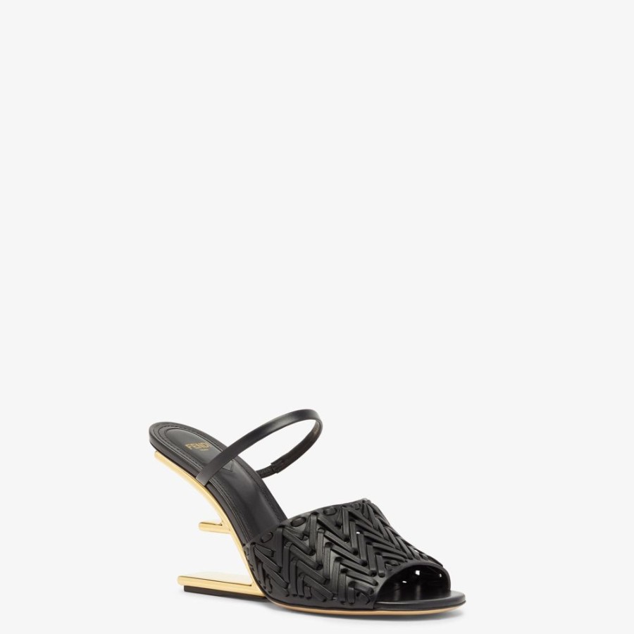 Damen Fendi Pantoletten Und Sandalen | Sandale Mit Hohem Absatz Aus Leder In Schwarz