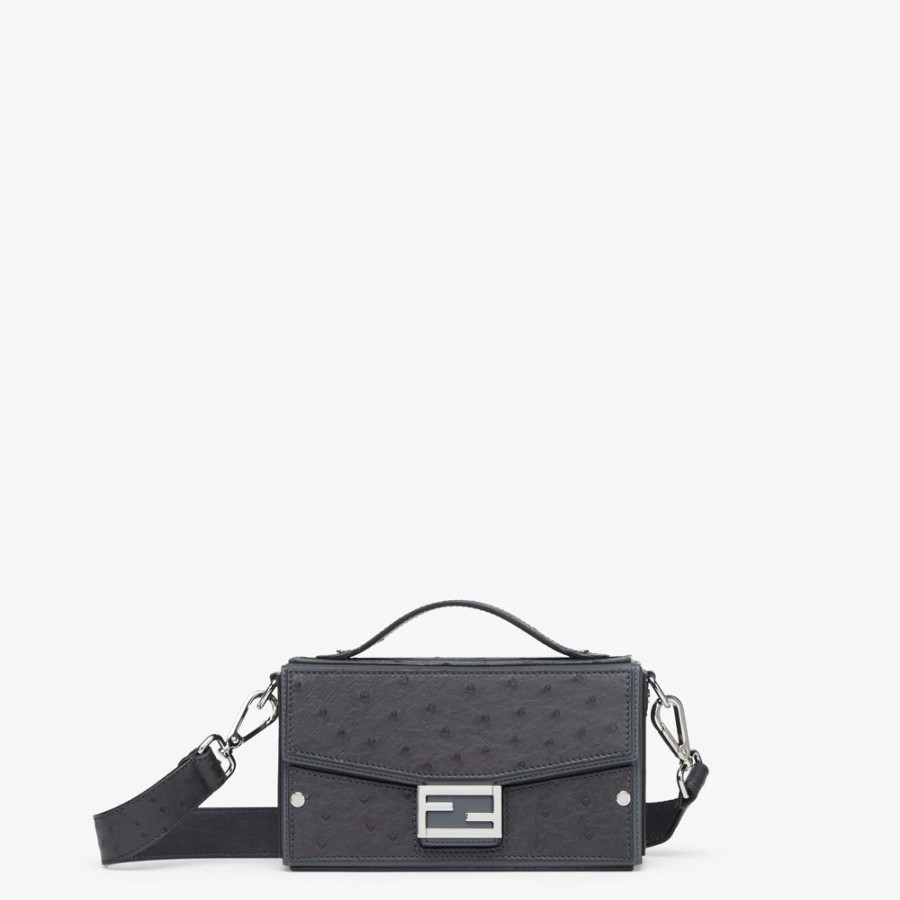 Herren Fendi Messenger Bags | Tasche Aus Strausenleder In Dunkelgrau