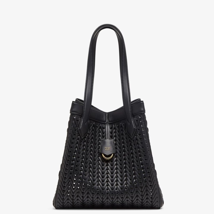 Damen Fendi Beuteltaschen | Wandelbare Tasche Aus Geflochtenem Leder In Schwarz