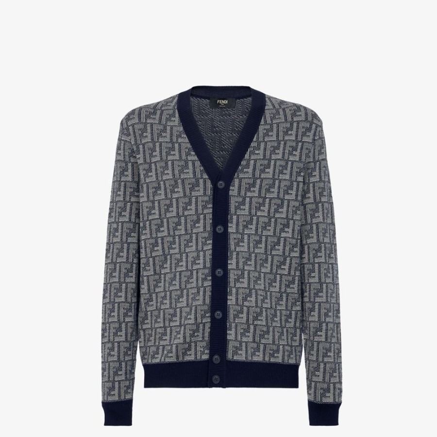 Herren Fendi Strickbekleidung | Cardigan Aus Wolle In Blau