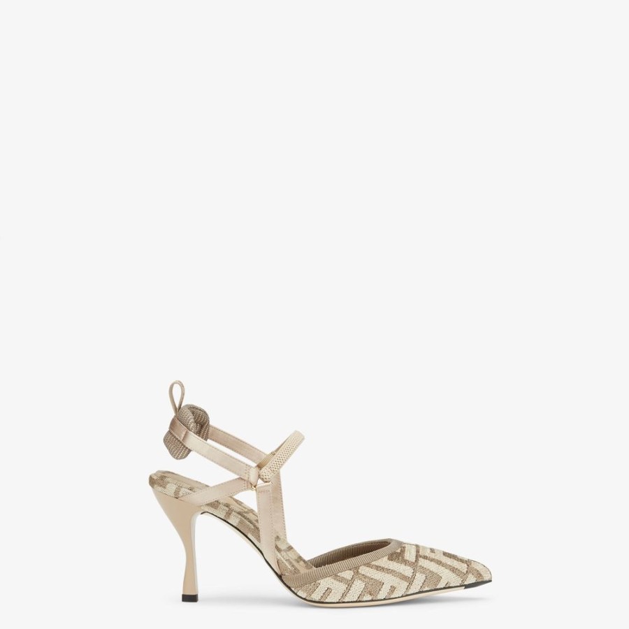 Damen Fendi Pumps Und Slingbacks | Slingback Mit Hohem Absatz Aus Chenille Mit Ff-Signatur In Beige