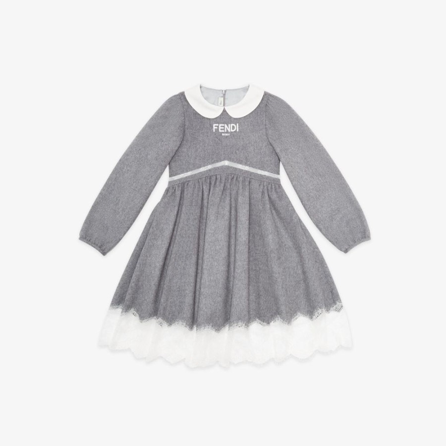 Kids Fendi Ready To Wear | Junior-Kleid Aus Flanell Und Spitze