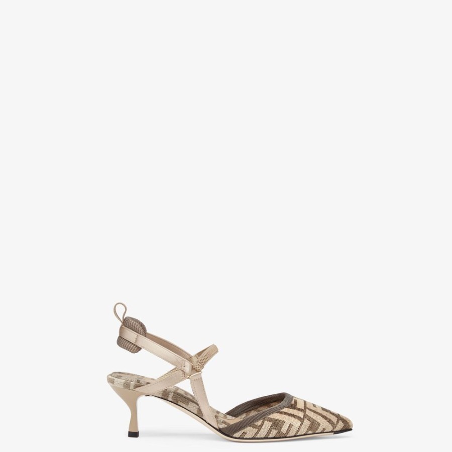 Damen Fendi Pumps Und Slingbacks | Slingback Mit Mittlerem Absatz Aus Chenille In Beige Mit Ff-Signatur