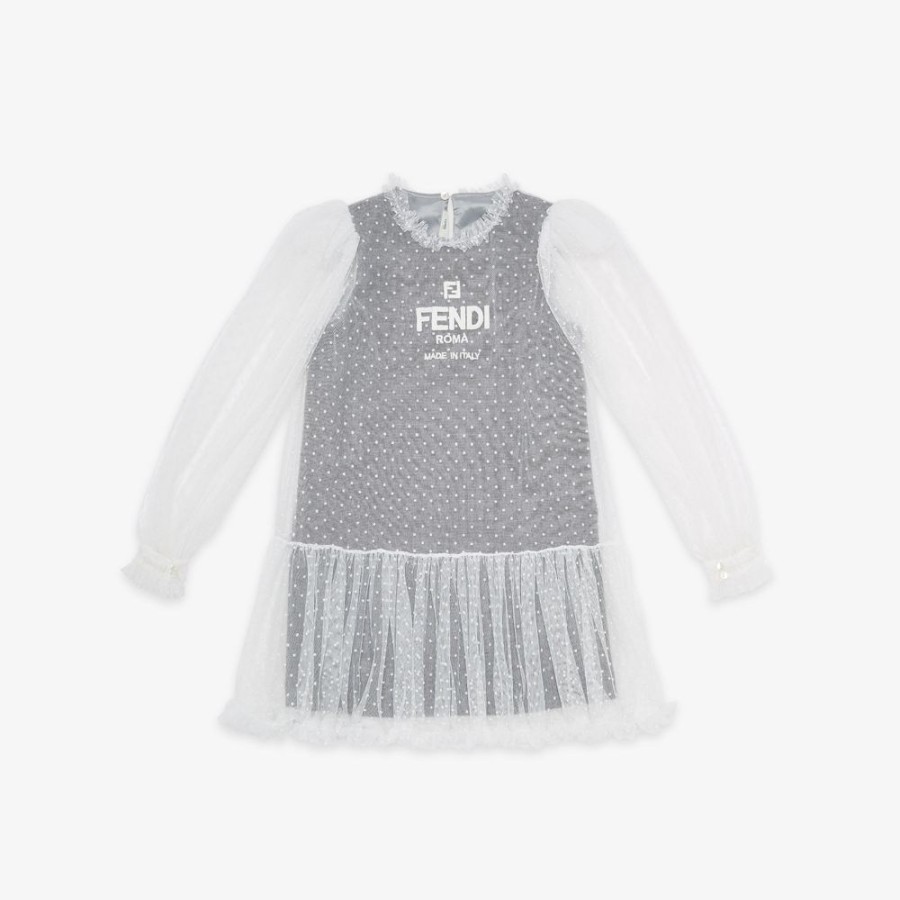 Kids Fendi Ready To Wear | Junior-Kleid Aus Flanell Und Tull Mit Stickereien