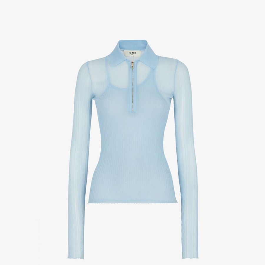 Damen Fendi Strickbekleidung | Poloshirt Aus Seide In Hellblau