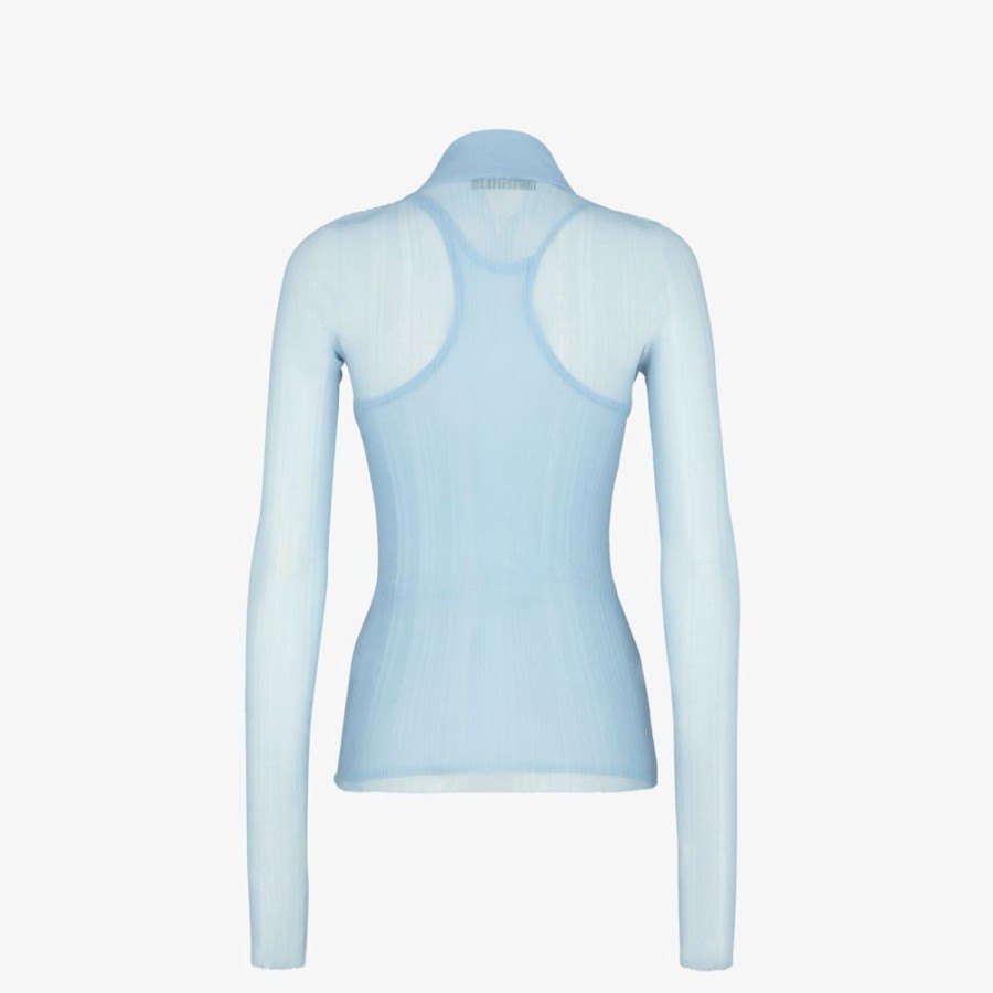 Damen Fendi Strickbekleidung | Poloshirt Aus Seide In Hellblau