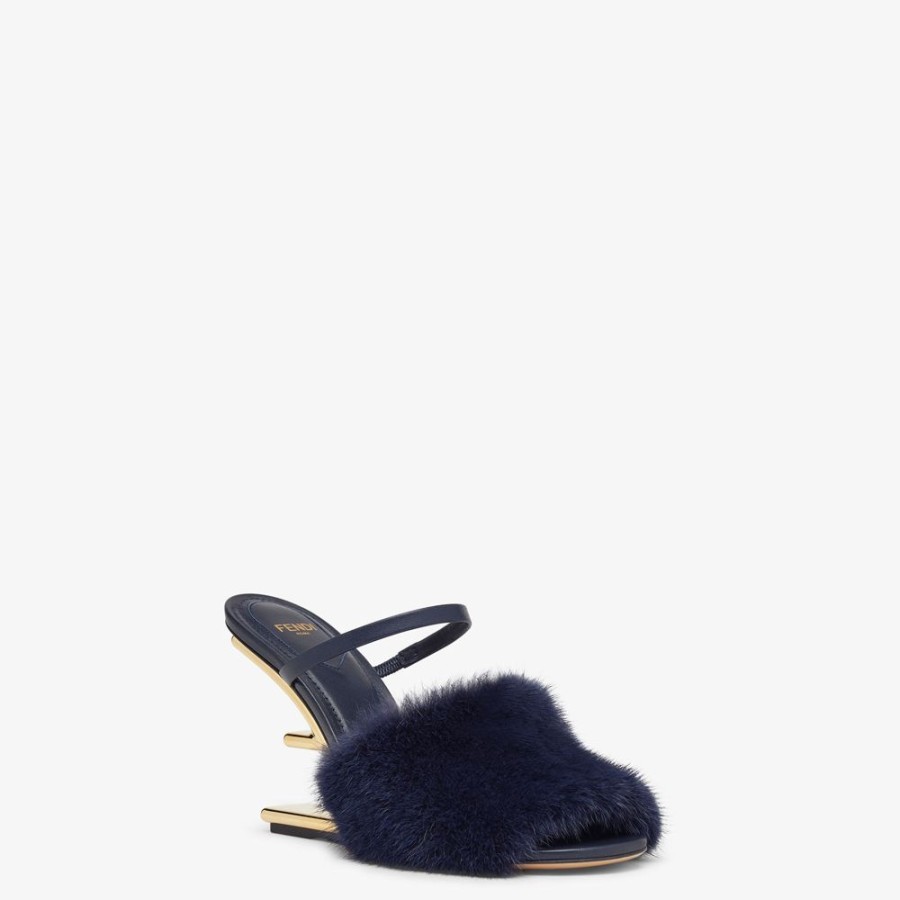 Damen Fendi Pantoletten Und Sandalen | Sandale Mit Hohem Absatz Aus Nerzpelz In Blau