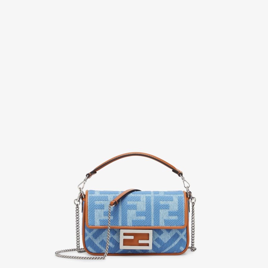 Damen Fendi Mini-Taschen | Tasche Aus Denim In Hellblau Mit Ff-Stickerei