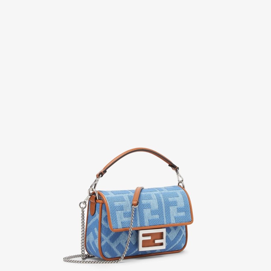 Damen Fendi Mini-Taschen | Tasche Aus Denim In Hellblau Mit Ff-Stickerei