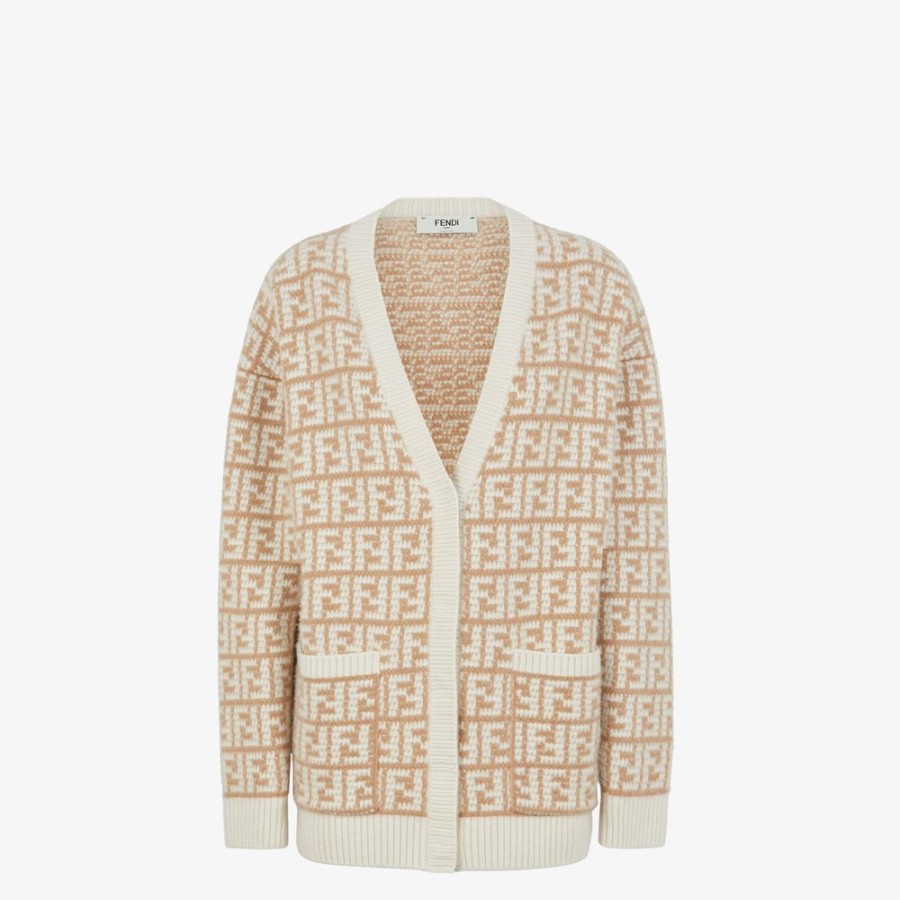 Damen Fendi Strickbekleidung | Cardigan Aus Kaschmir Mit Gehakeltem Ff-Motiv In Braun