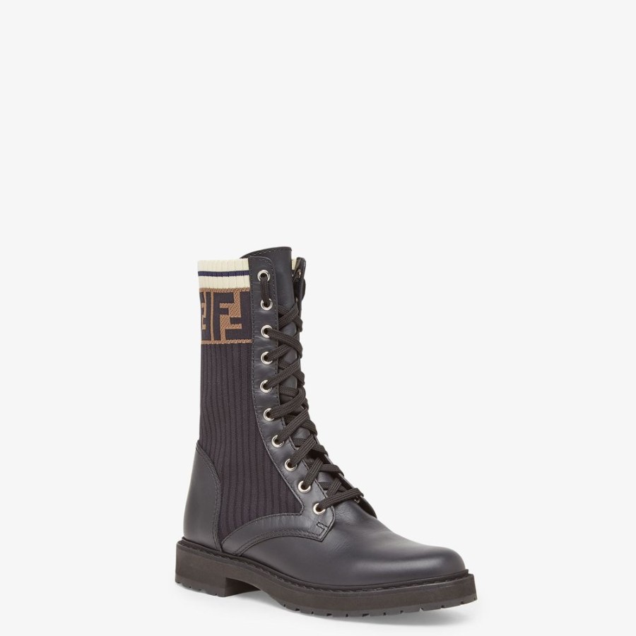 Damen Fendi Stiefel Und Stiefeletten | Biker Aus Leder In Schwarz Mit Stretch-Stoff